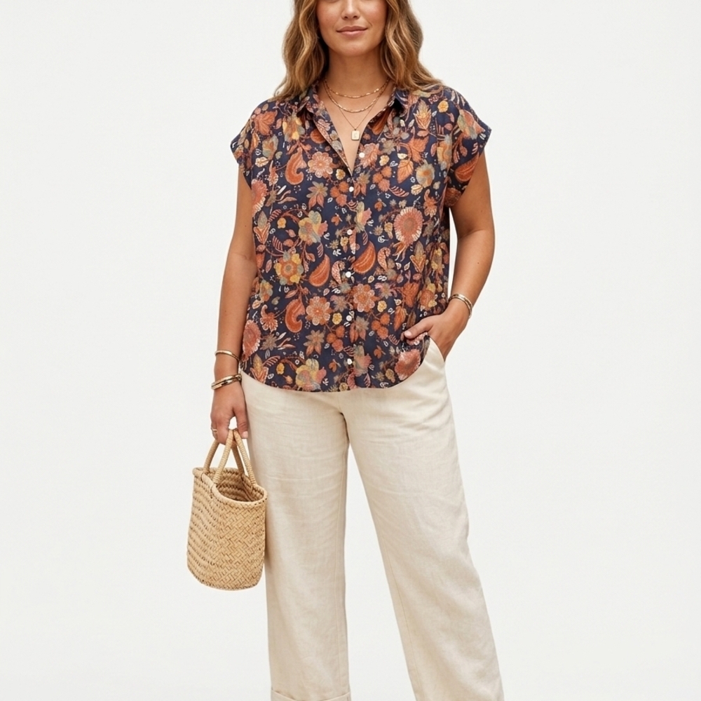 Trovata Navy Floral-Paisley Cap-Sleeve Button Shirt